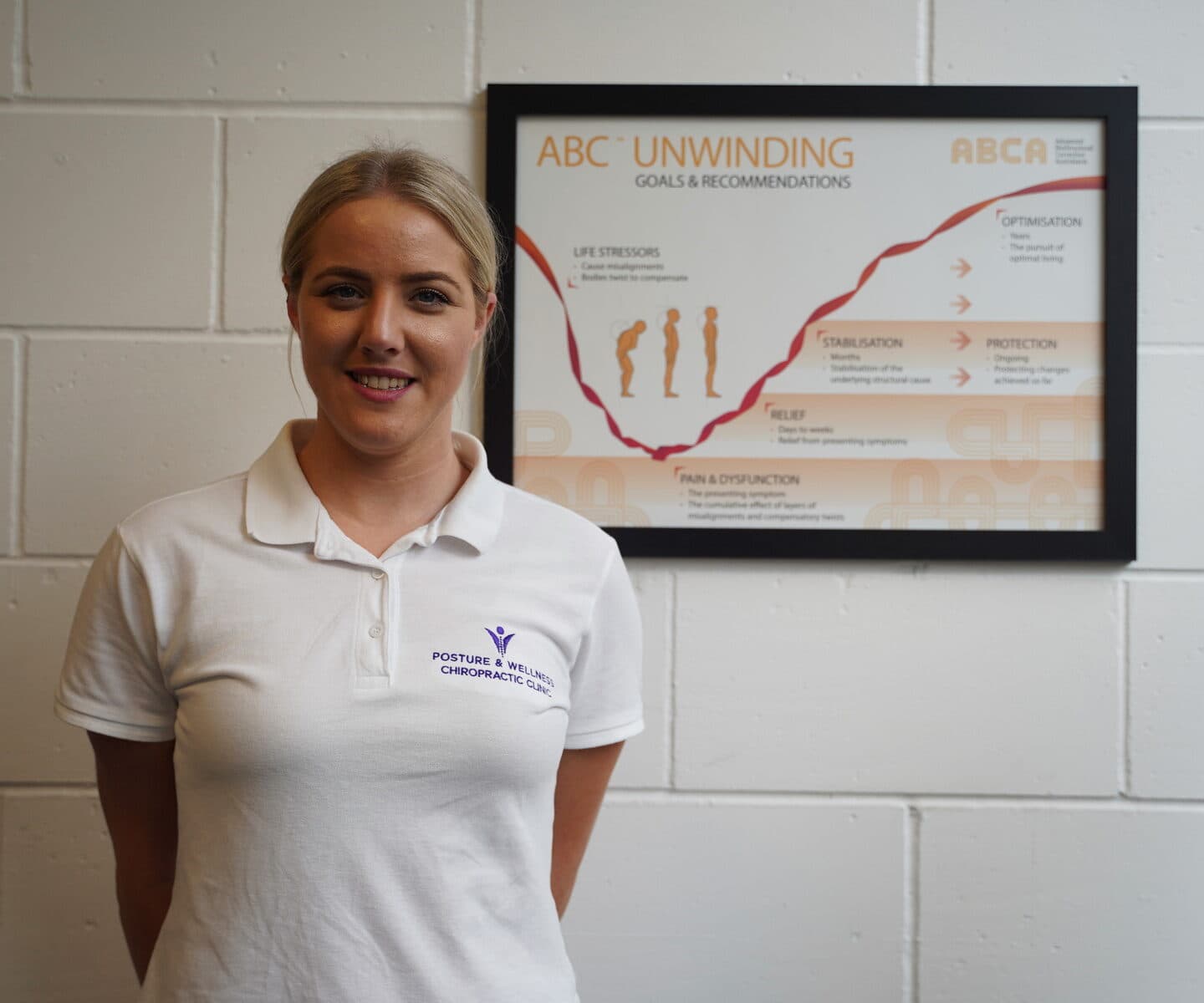 Bianca Downey in the clinic beside the framed ABC™ Unwinding chart.