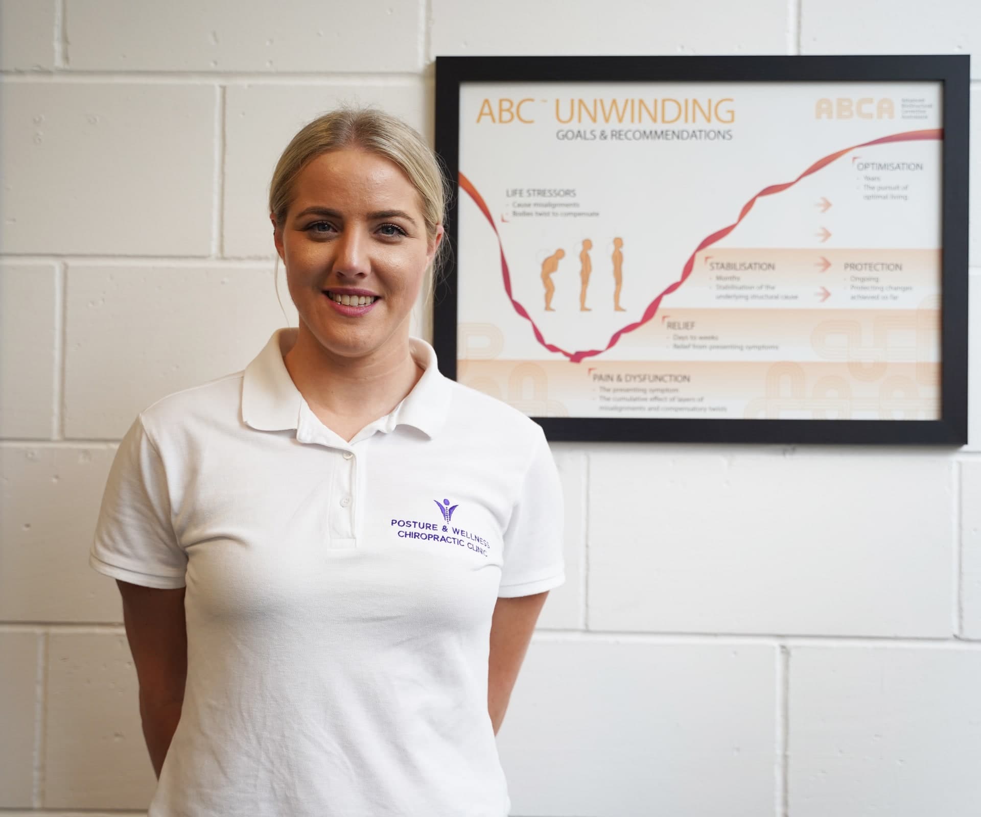 Bianca Downey in the clinic beside the framed ABC™ Unwinding chart.