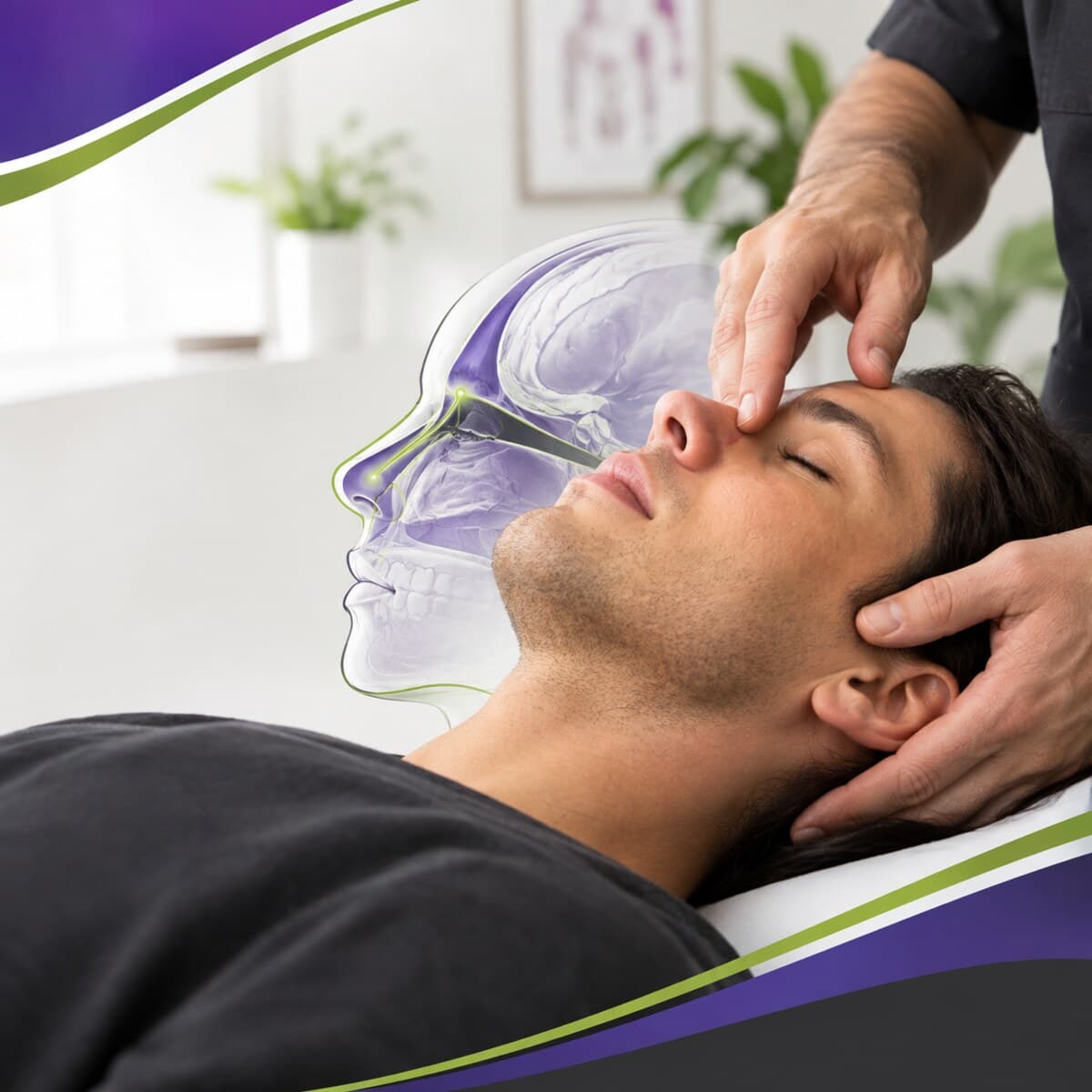 Endonasal Cranial Correction™: a patient lying back, the chiropractor's hands at the face, with an illustration of the skull and nasal passage.