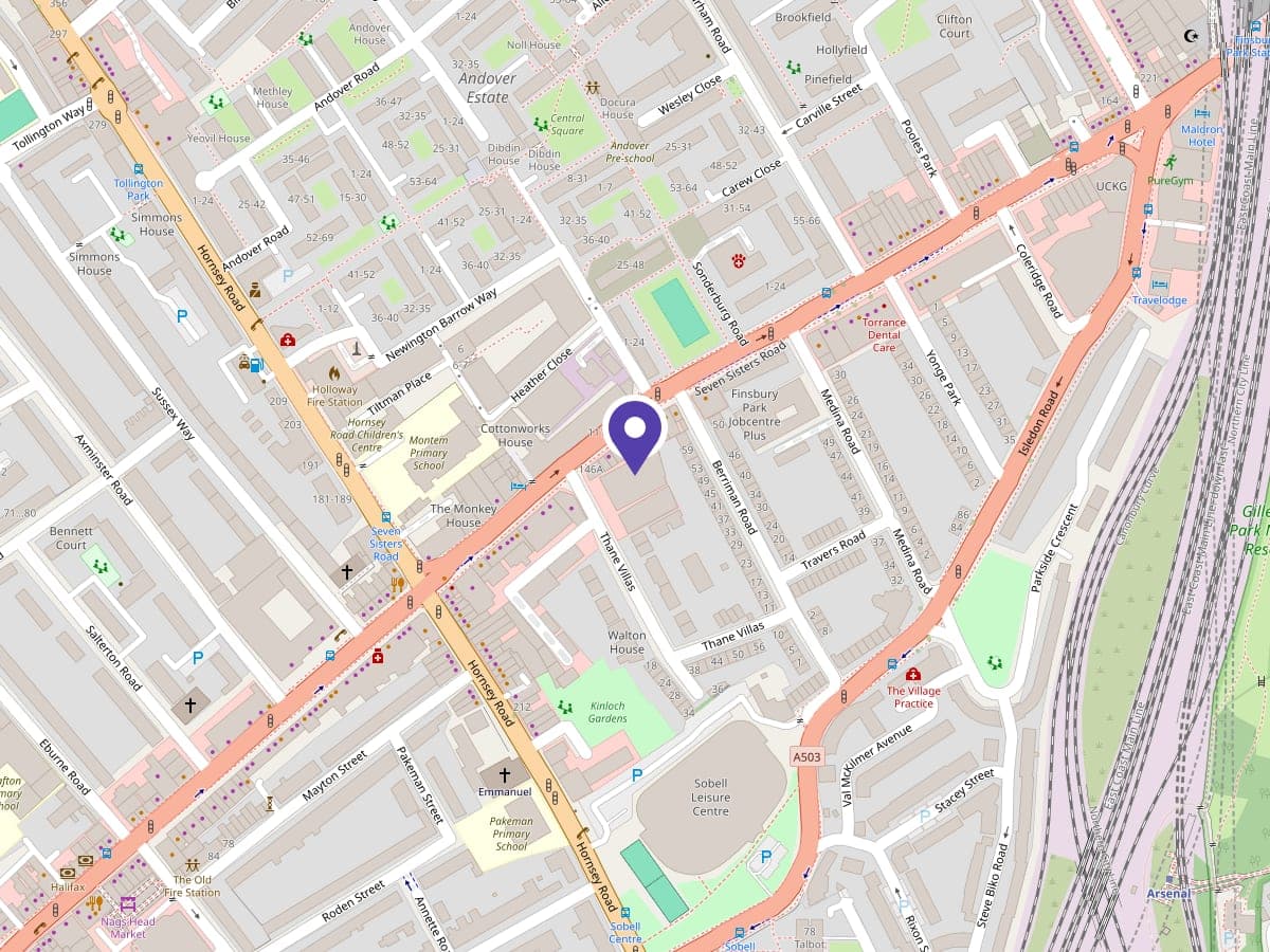 Street map of Finsbury Park with the clinic pinned at Studio 213, Regent Studios, 1 Thane Villas, beside Seven Sisters Road.